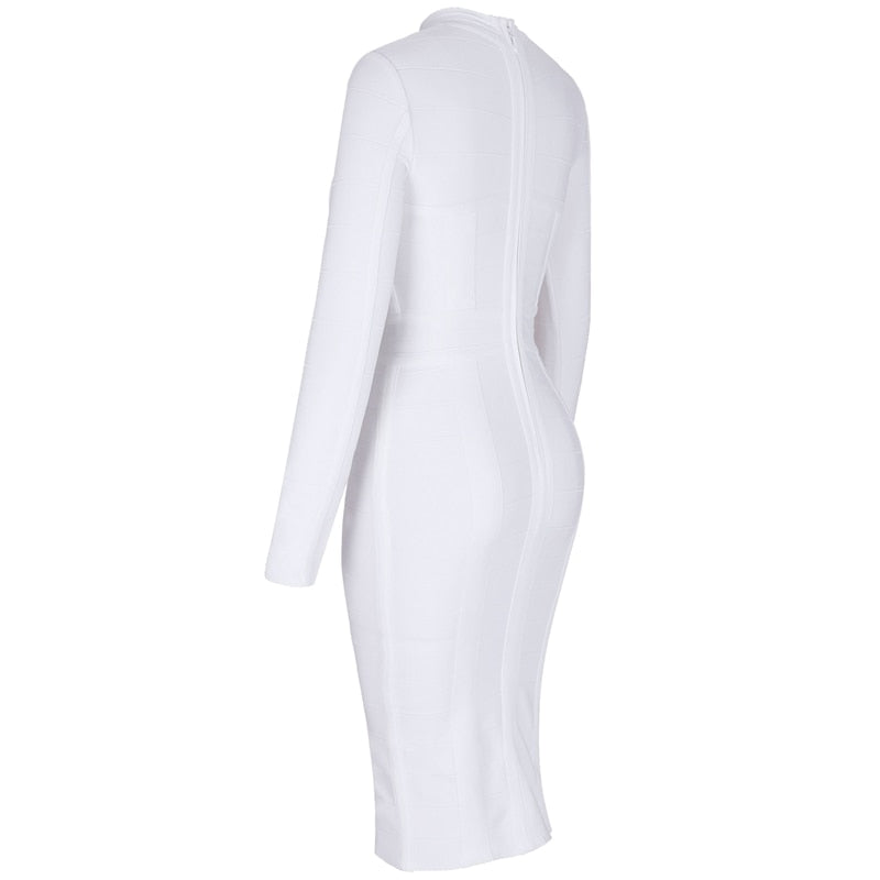 Womens White Dress High Neck Long Sleeve Party Rayon Bandage Midi Dress