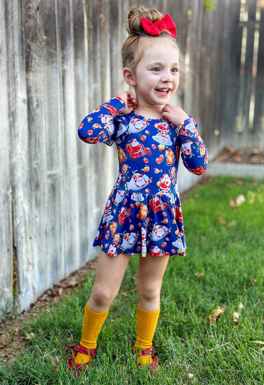 Tis the Sea-Sun (Santa) Long Sleeve Bodysuit Twirl Dress