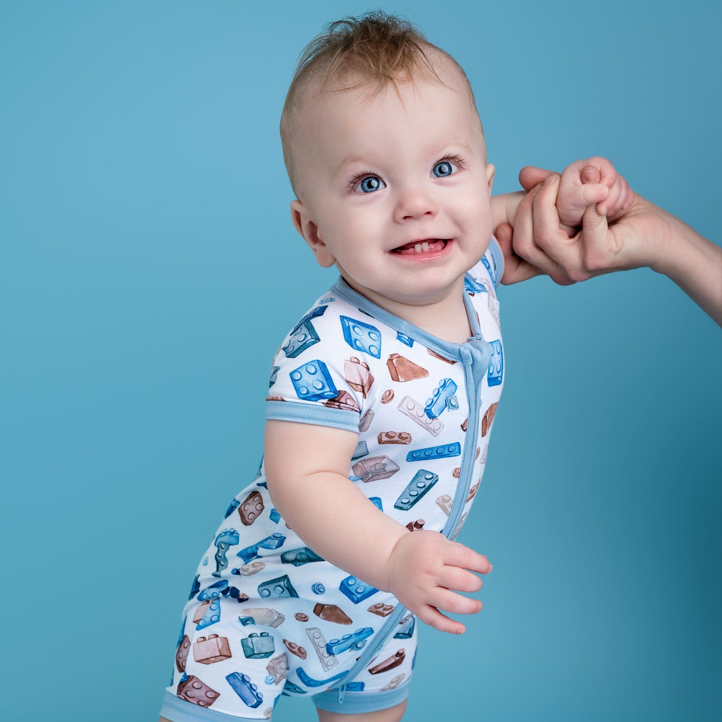 Block Party (Blue) Short Sleeve Romper