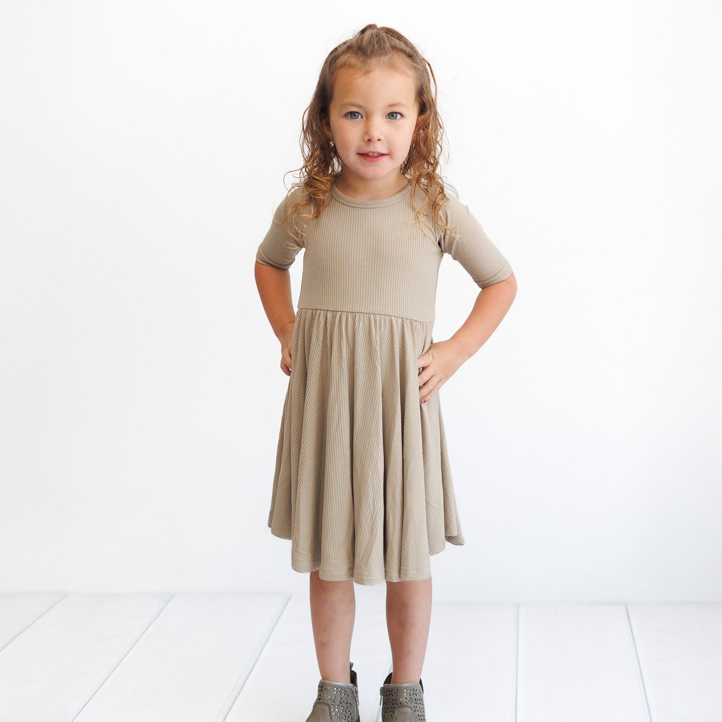 MID SLEEVE TWIRL DRESS- Mushroom Ribbed