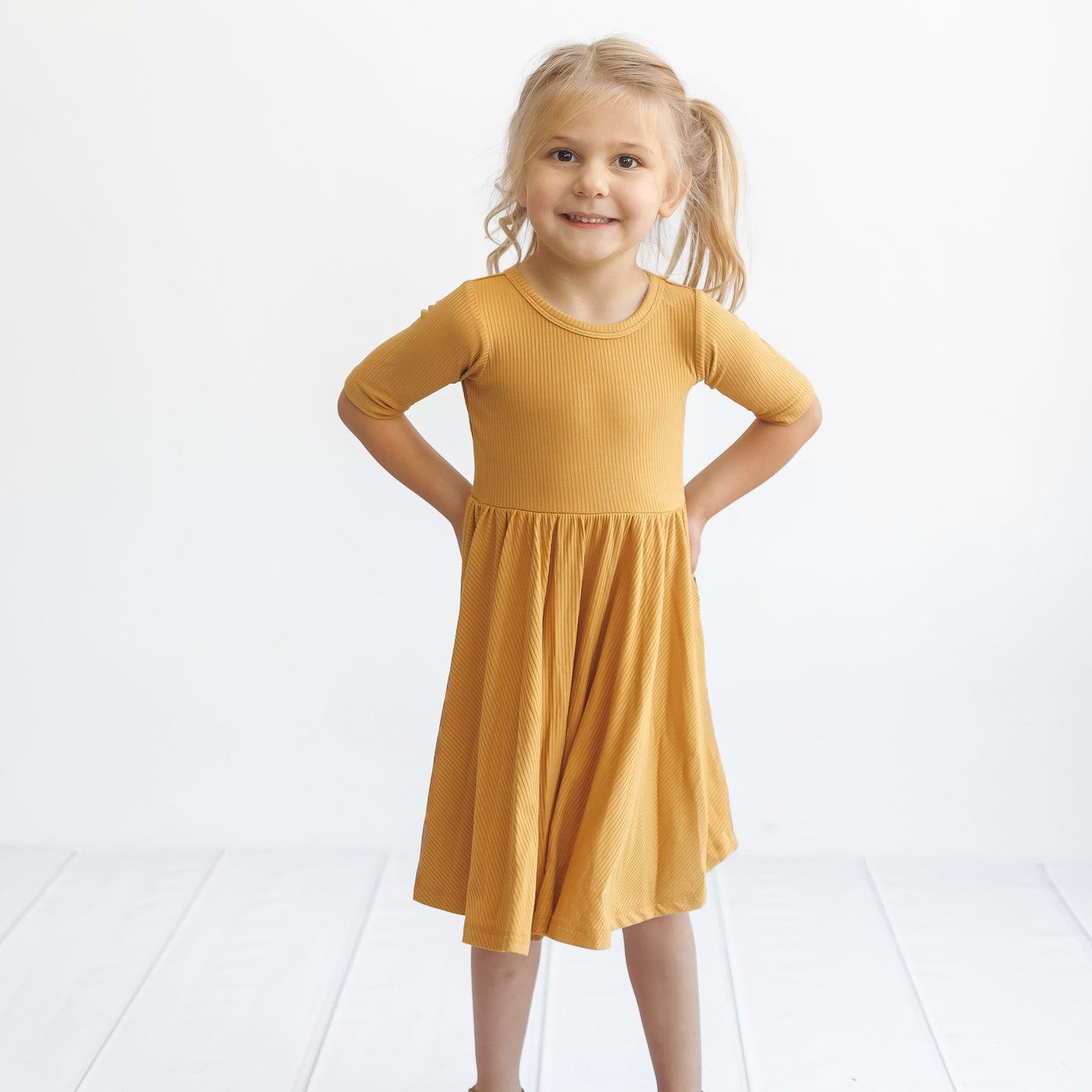 MID SLEEVE TWIRL DRESS- Honey Mustard Ribbed