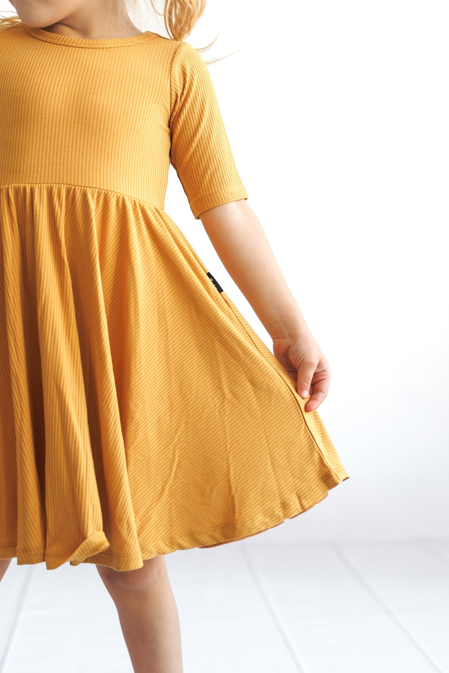 MID SLEEVE TWIRL DRESS- Honey Mustard Ribbed