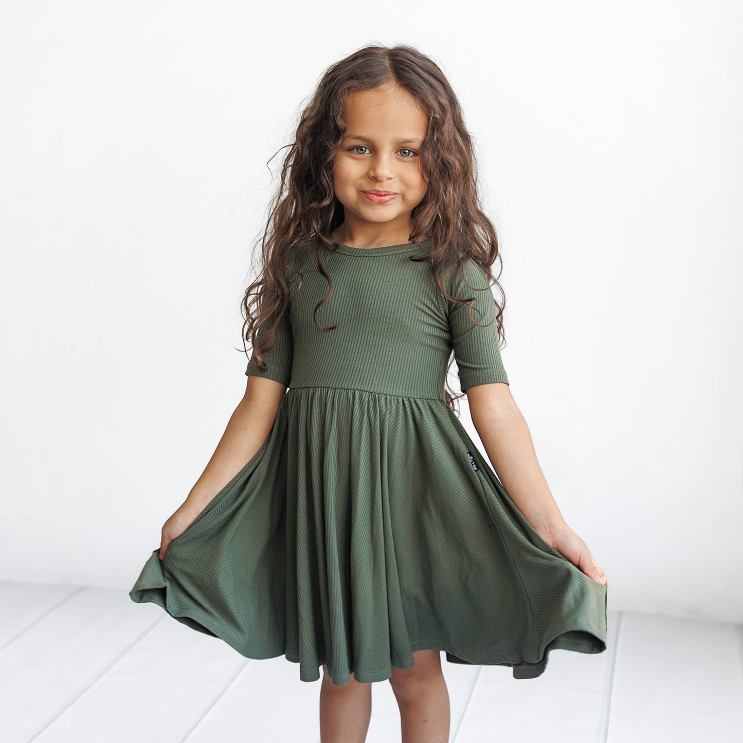 MID SLEEVE TWIRL DRESS- Moss Ribbed