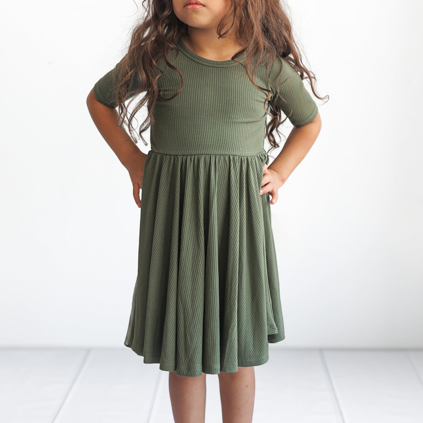 MID SLEEVE TWIRL DRESS- Moss Ribbed