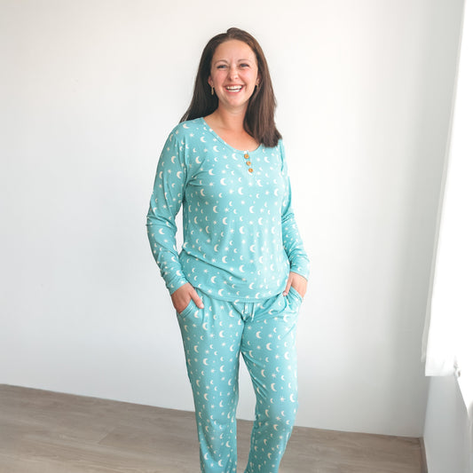 WOMANS PAJAMA SET- Moon + Stars Ribbed