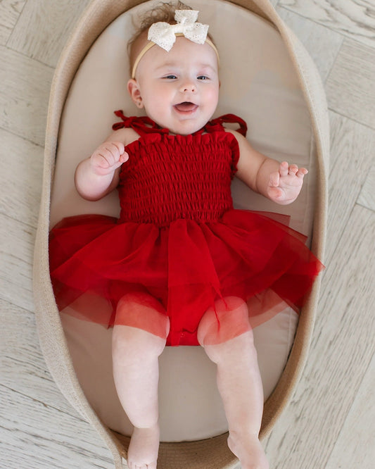 Crimson - Smocked Tulle Bodysuit Dress