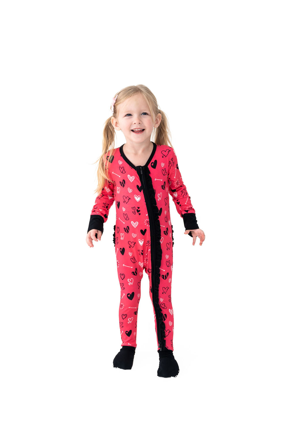 Heart Doodles Pink Bamboo Ruffle Convertible Footie (2T-4T)