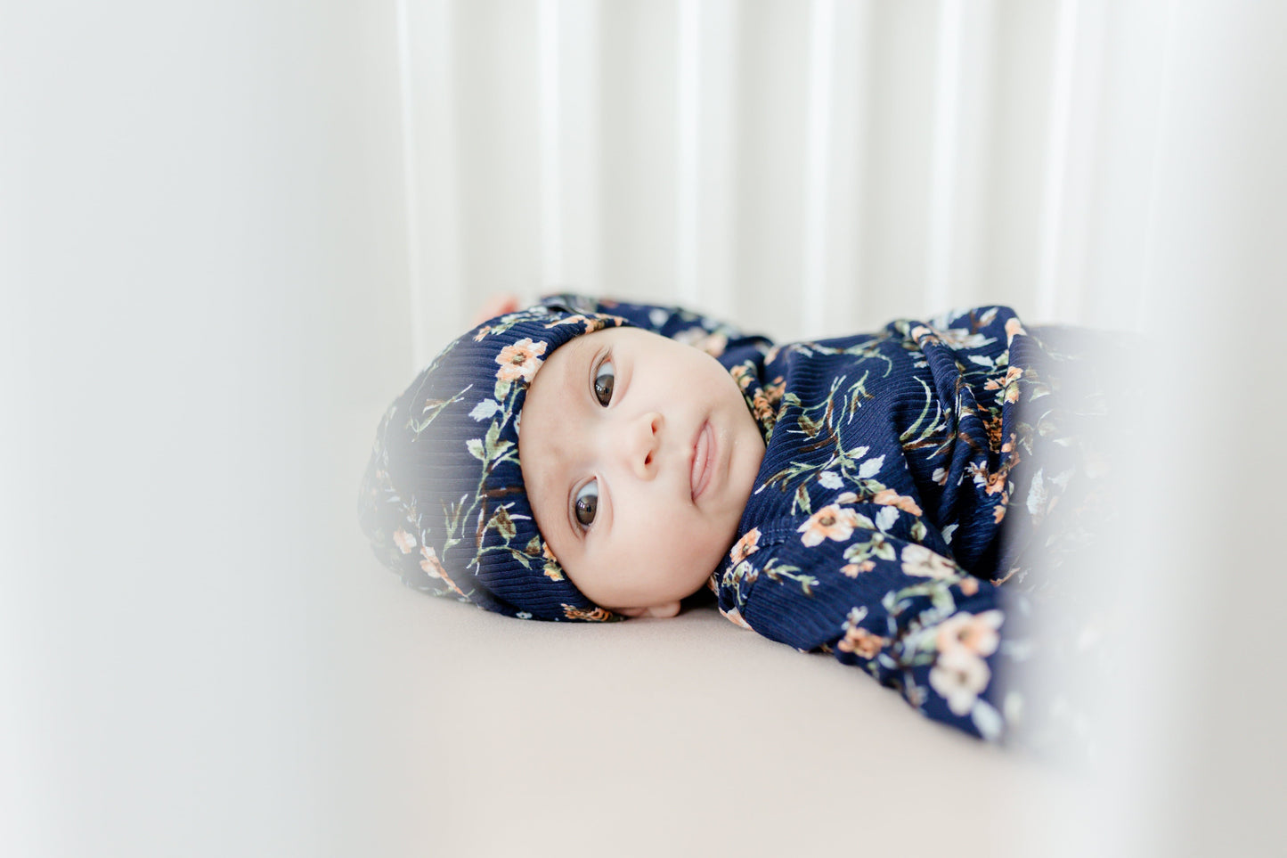 BEANIE- Navy Floral Rib