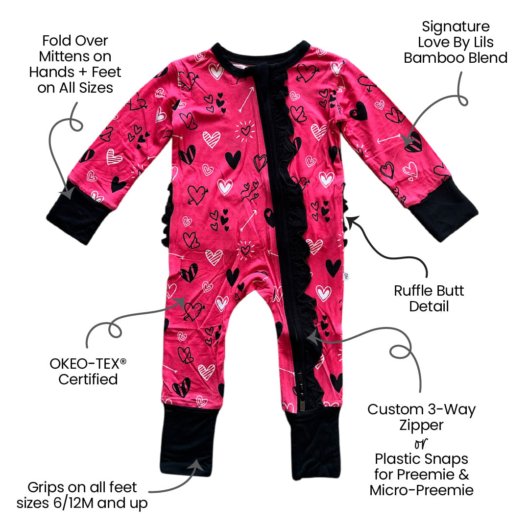 Heart Doodles Pink Bamboo Ruffle Convertible Footie (2T-4T)