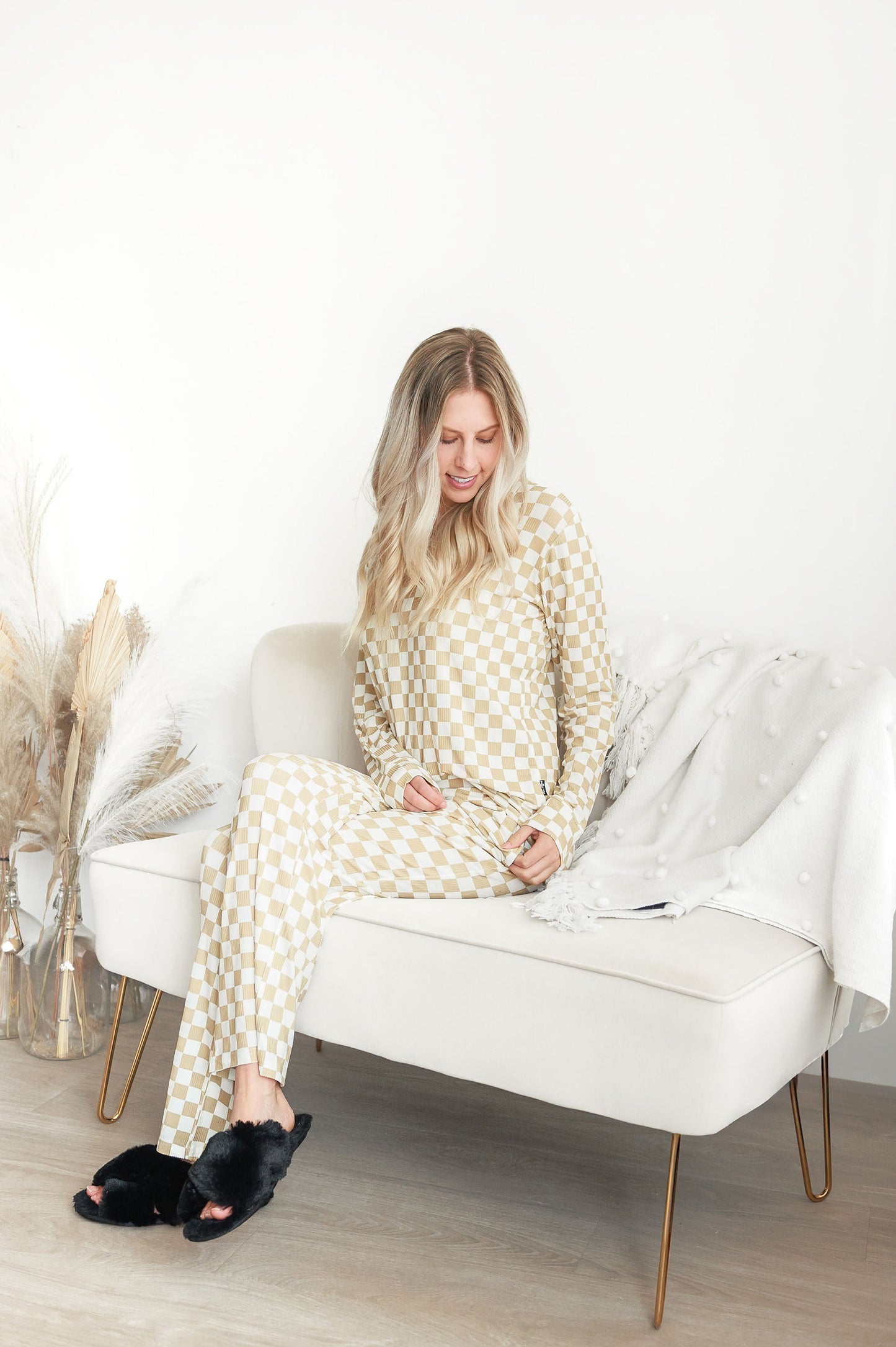 WOMEN'S PAJAMA SET- Tan Check Ribbed