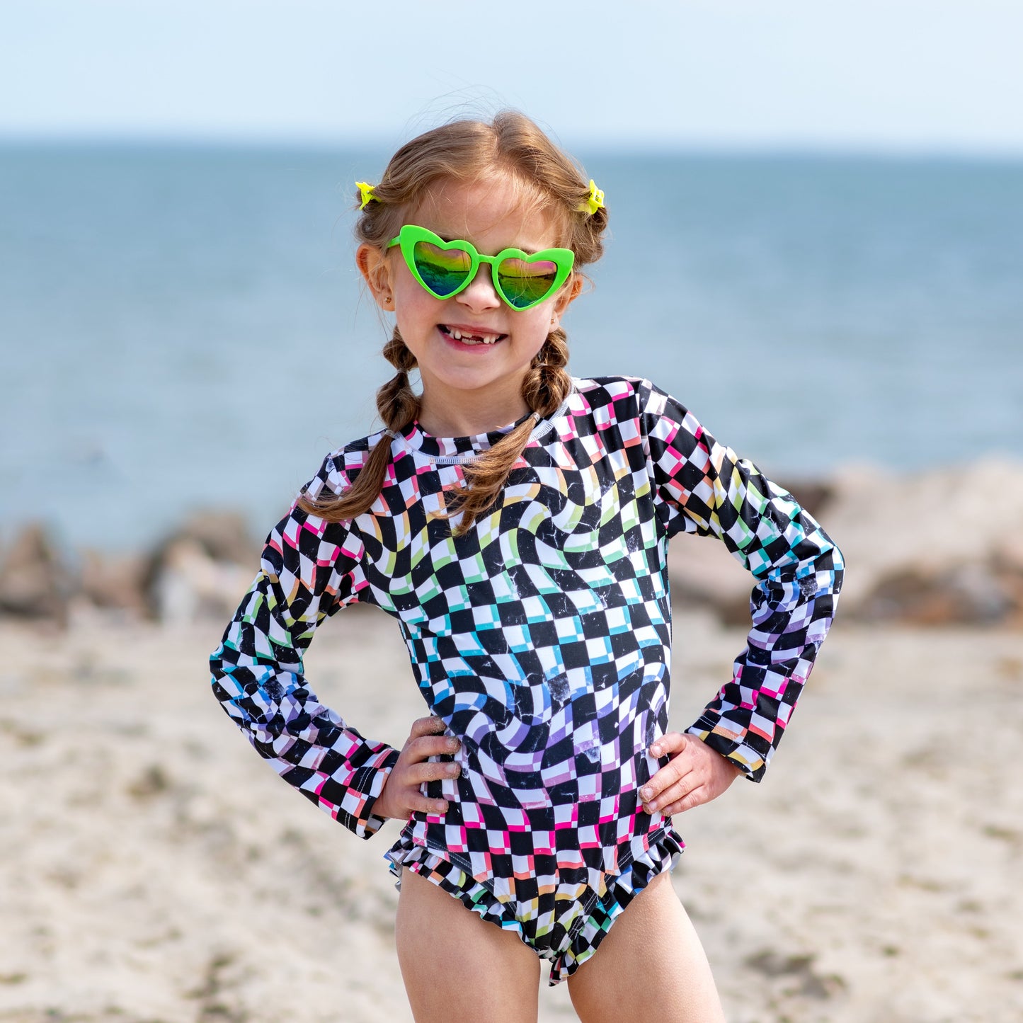 RUFFLE RASH GUARD- Neon Check