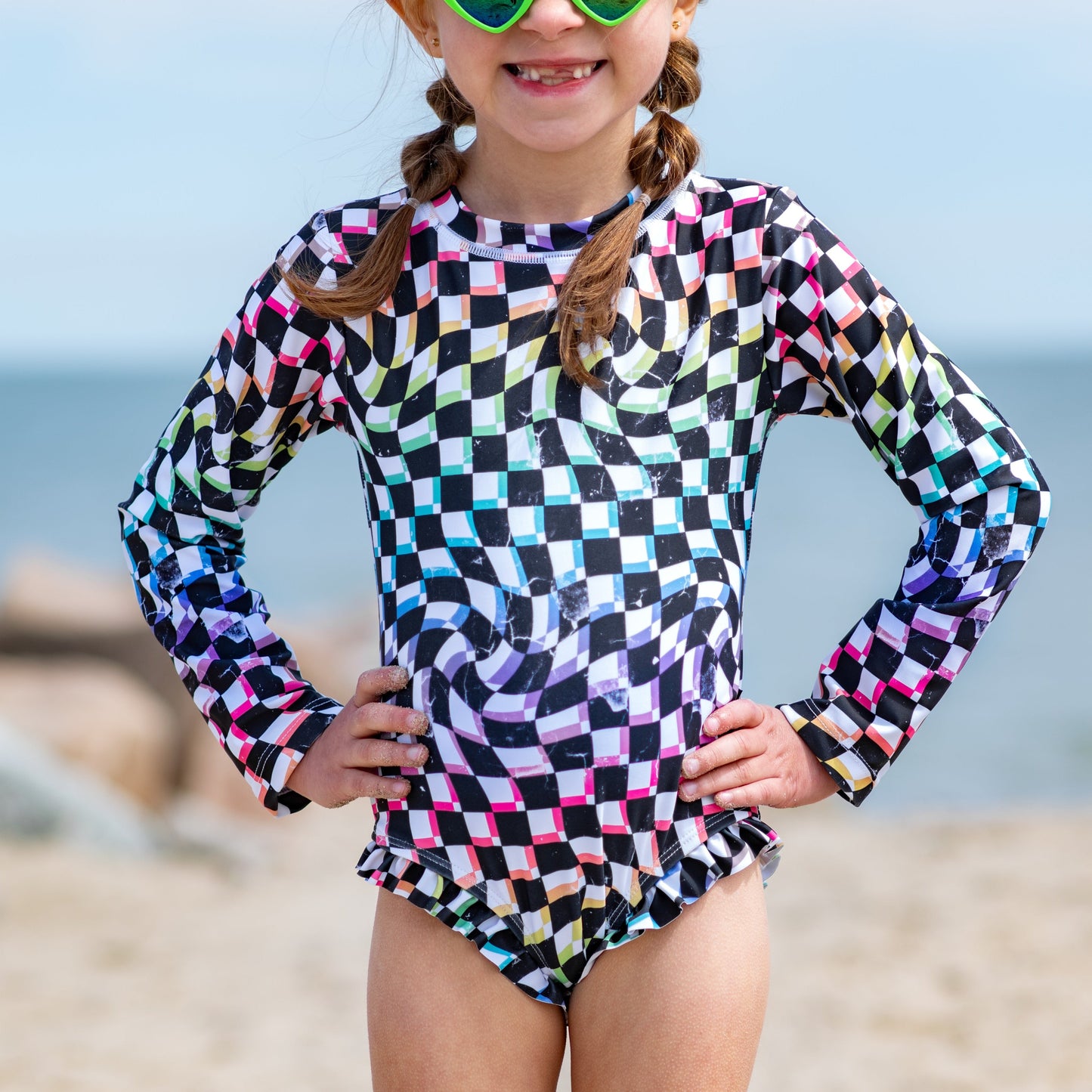 RUFFLE RASH GUARD- Neon Check