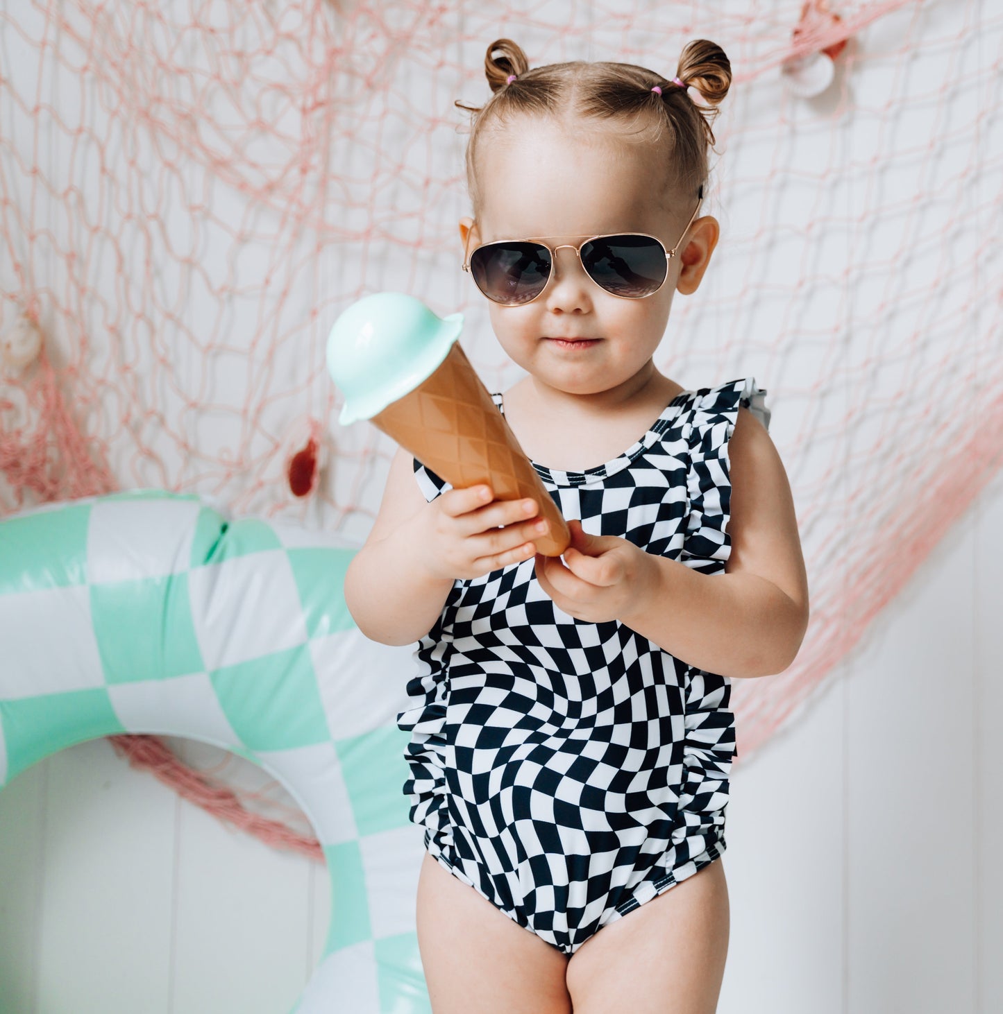 RUFFLE SWIMSUIT- B+W Dizzy Check