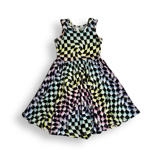 TANK TWIRL DRESS- Neon Dizzy Check