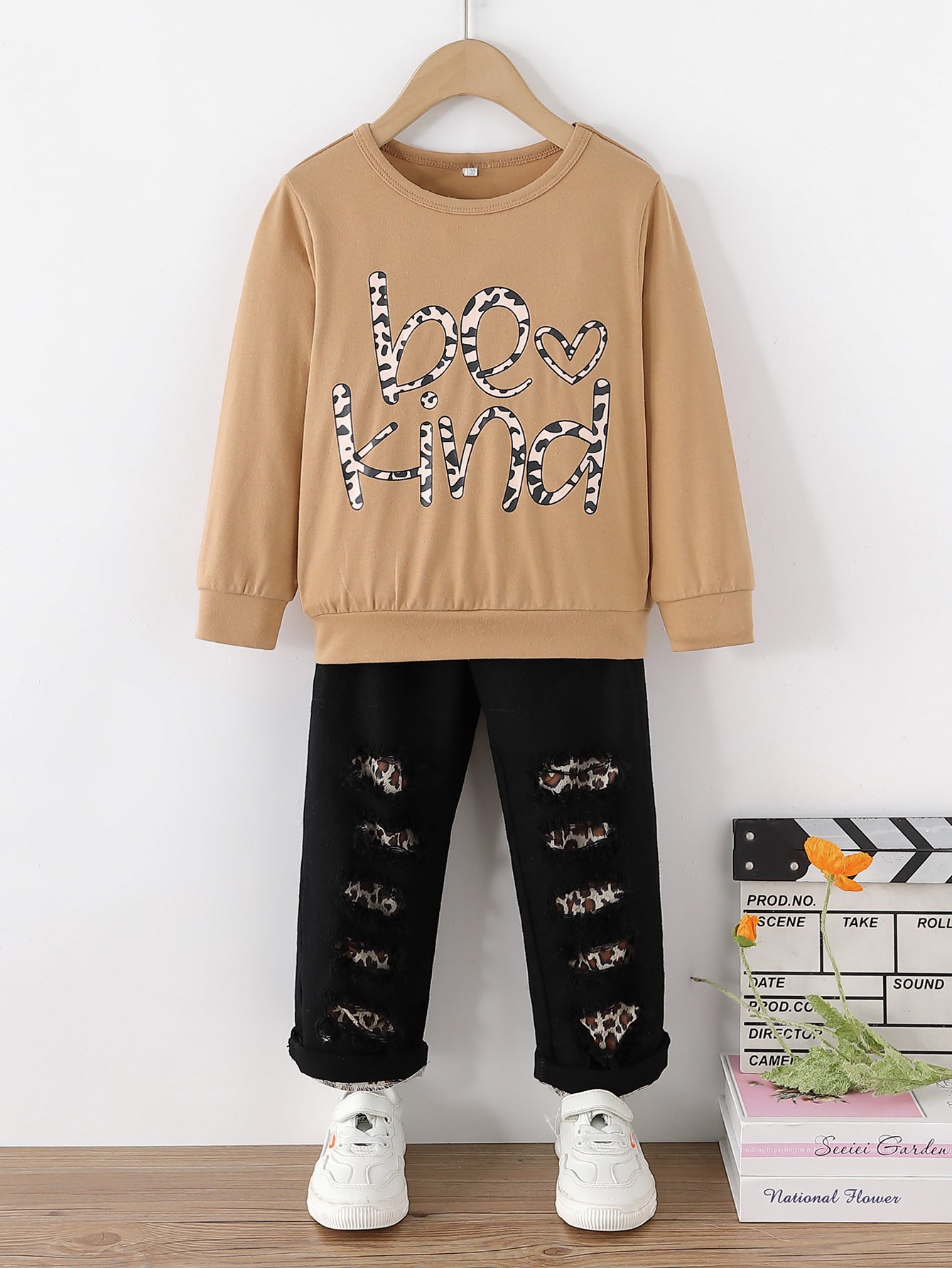 Kids BE KIND Graphic T-Shirt and Leopard Lined Jeans Set