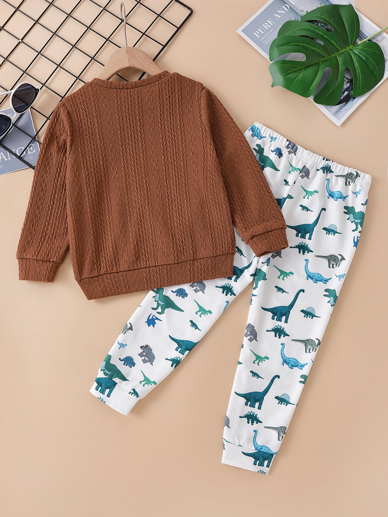 Kids Cable-Knit Print Pullover and Dinosaur Print Pants Set