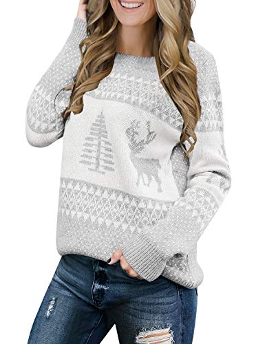 Womens Grey Long Sleeve Ugly Christmas Tree Reindeer Winter Holiday Knit Sweater