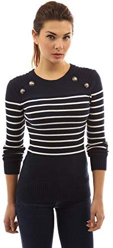 Womens Crew Neck Striped Military Sweater Ivory Black