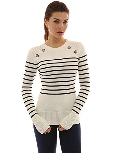 Womens Crew Neck Striped Military Sweater Ivory Black