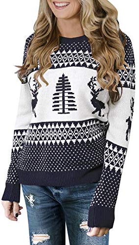 Womens Grey Long Sleeve Ugly Christmas Tree Reindeer Winter Holiday Knit Sweater