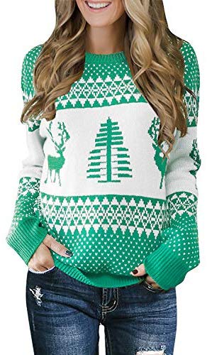 Womens Grey Long Sleeve Ugly Christmas Tree Reindeer Winter Holiday Knit Sweater