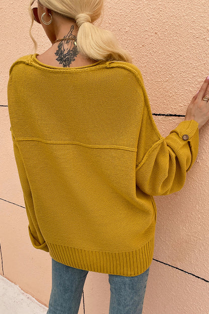 Button Detail Exposed Seam Sweater