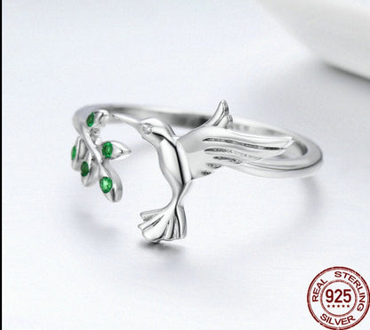 Hummingbird & Leaves 925 Sterling Silver Ring