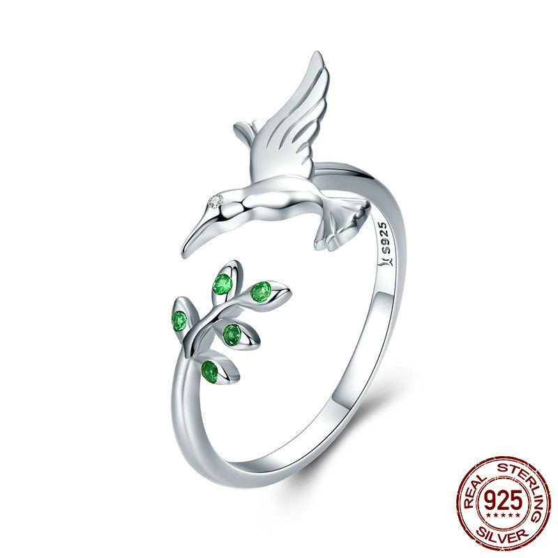 Hummingbird & Leaves 925 Sterling Silver Ring