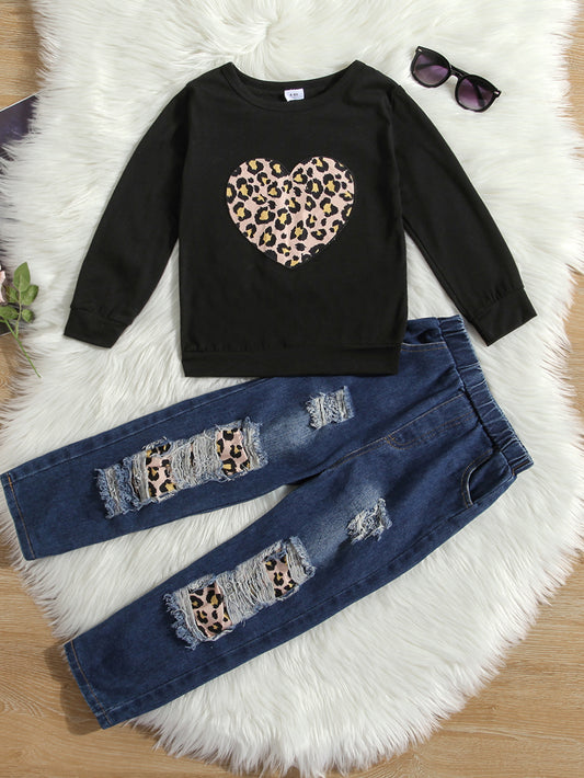 Kids Heart Graphic Sweatshirt and Destroyed Pants Set