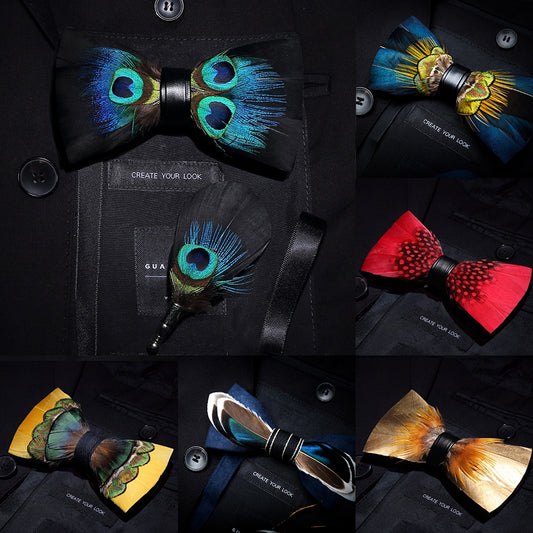 Mens Feather Brooch Bowtie Set Gift