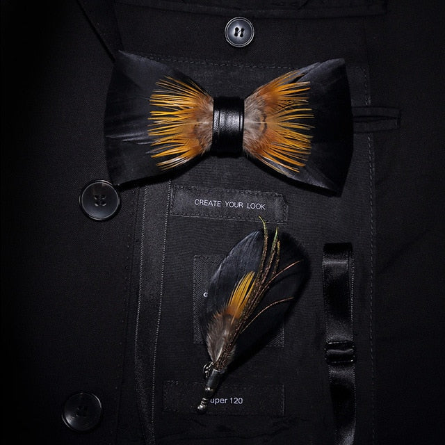 Mens Feather Brooch Bowtie Set Gift