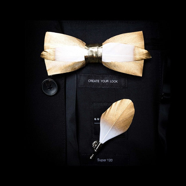 Mens Feather Brooch Bowtie Set Gift