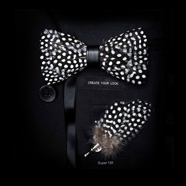 Mens Feather Brooch Bowtie Set Gift