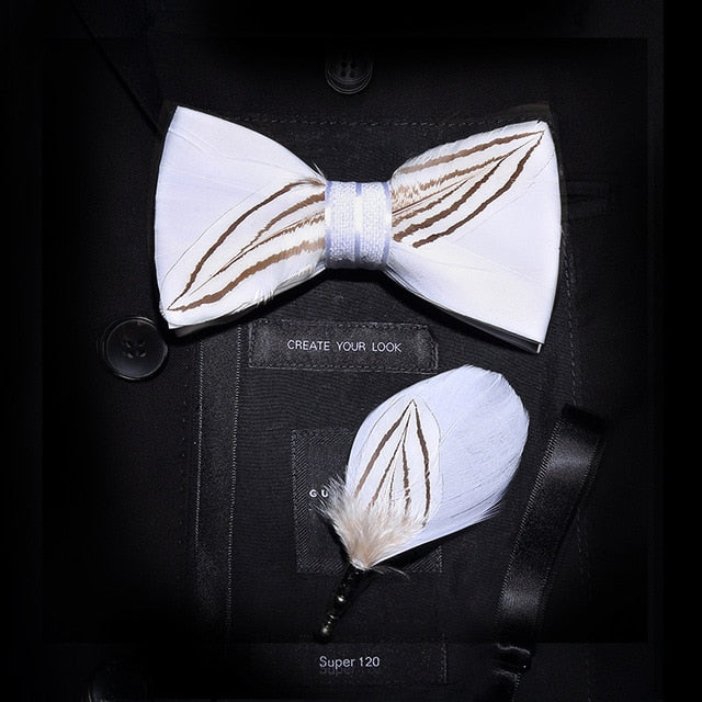 Mens Feather Brooch Bowtie Set Gift