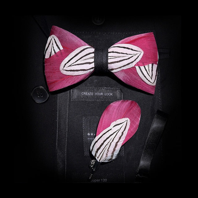 Mens Feather Brooch Bowtie Set Gift