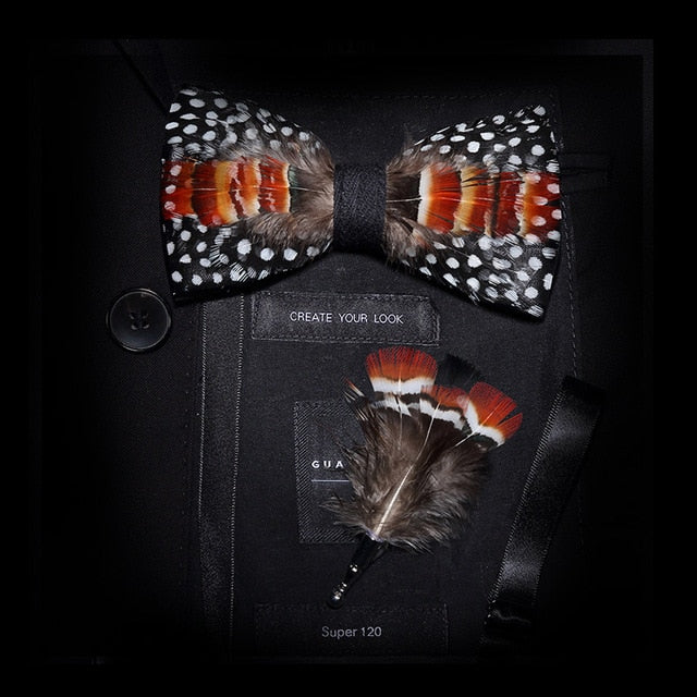 Mens Feather Brooch Bowtie Set Gift