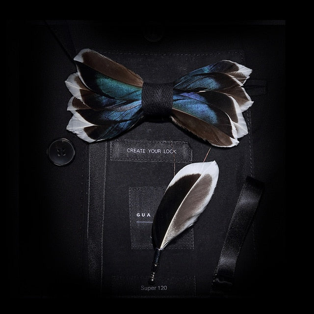 Mens Feather Brooch Bowtie Set Gift