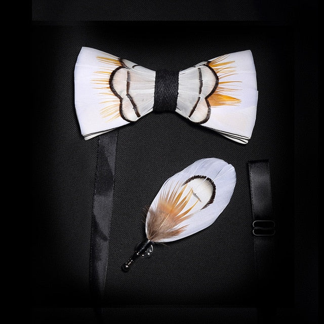 Mens Feather Brooch Bowtie Set Gift