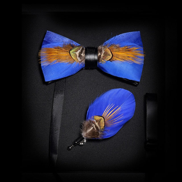 Mens Feather Brooch Bowtie Set Gift