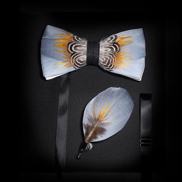 Mens Feather Brooch Bowtie Set Gift