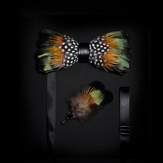 Mens Feather Brooch Bowtie Set Gift