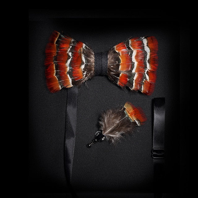 Mens Feather Brooch Bowtie Set Gift