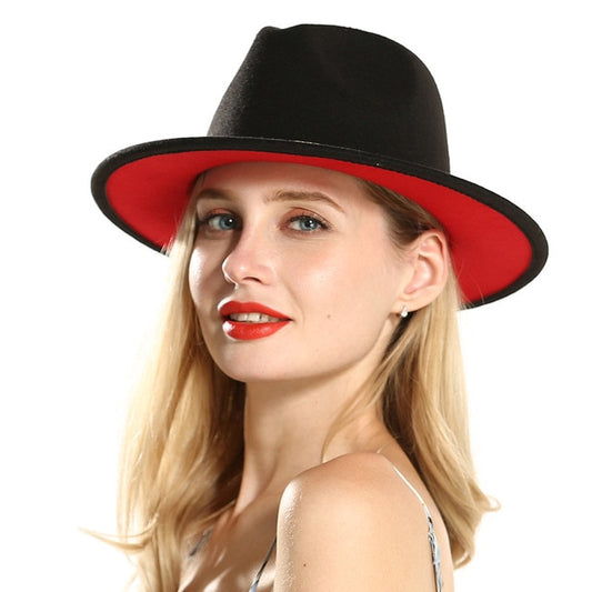 Black And Red Wool Felt Fedoras Hats With Ribbon Wide Brim Formal Style