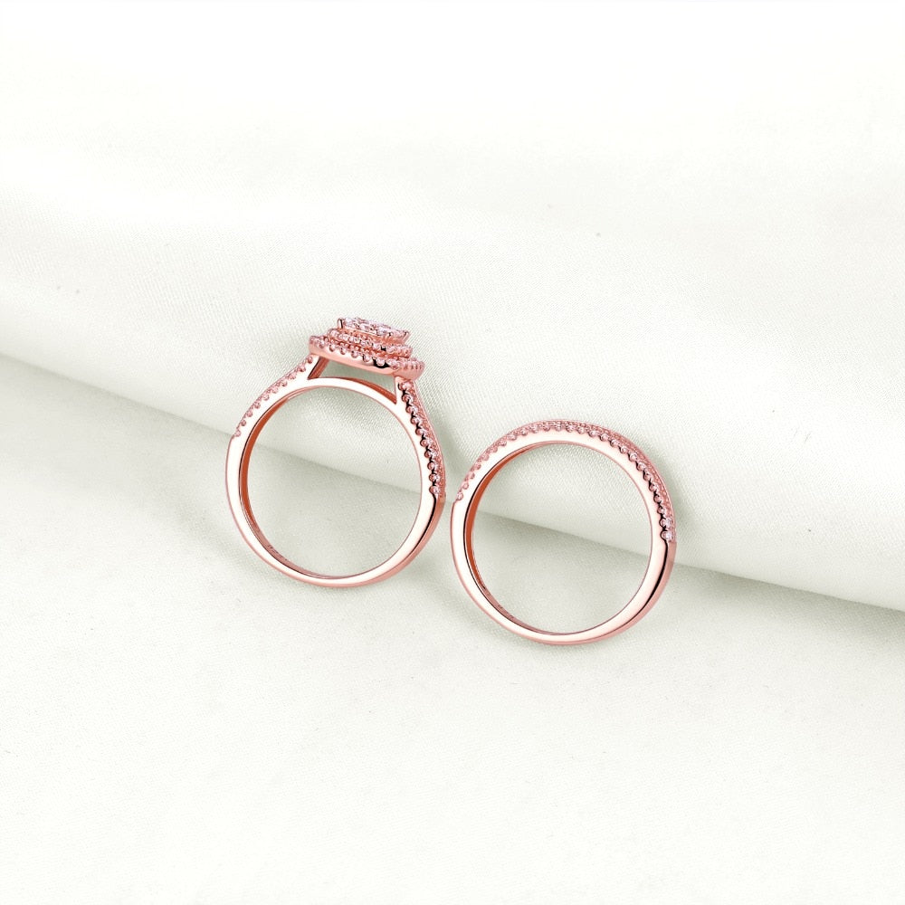 2Pc Rose Gold 925 Sterling Silver Ring Bridal Set