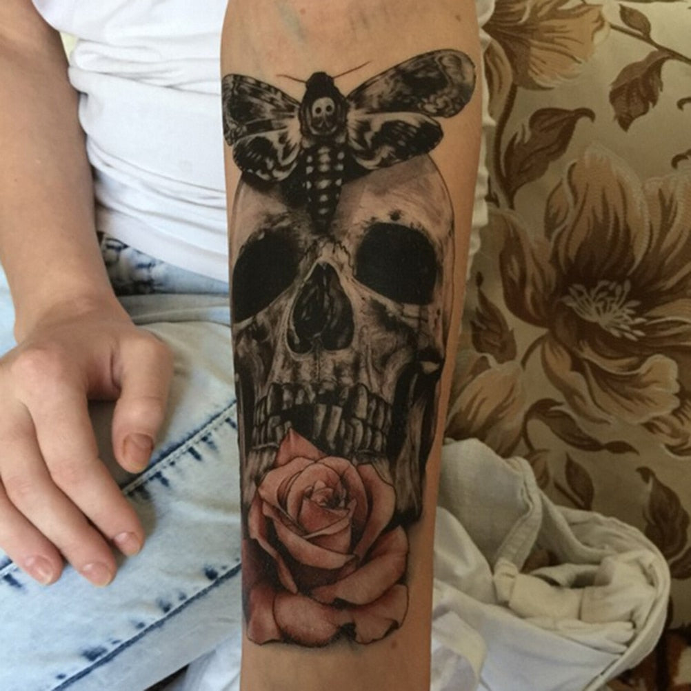 Skull Moth Rose Waterproof Temporary Tattoo