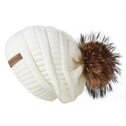 Womens Winter Fur Pompom Slouchy Knitted Hat