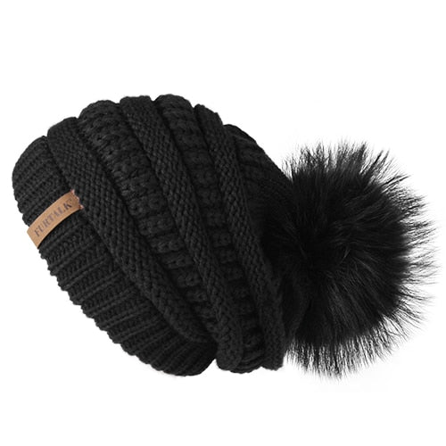 Womens Winter Fur Pompom Slouchy Knitted Hat