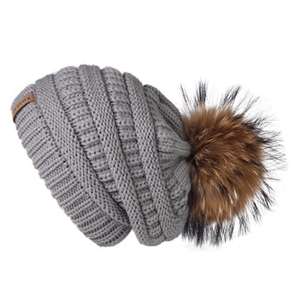 Womens Winter Fur Pompom Slouchy Knitted Hat