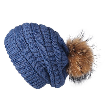 Womens Winter Fur Pompom Slouchy Knitted Hat
