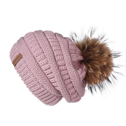 Womens Winter Fur Pompom Slouchy Knitted Hat